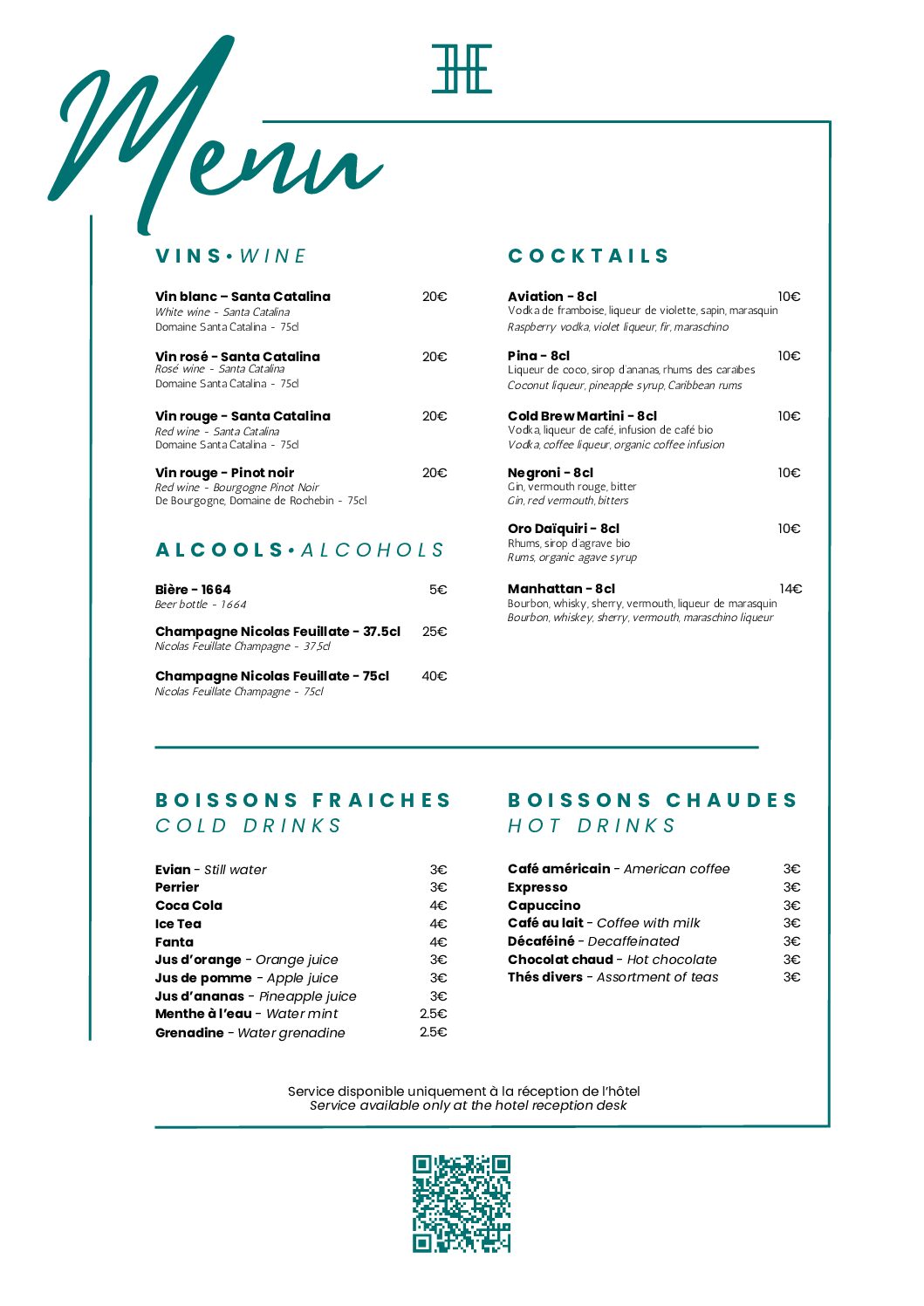 Menu du bar de l'hôtel